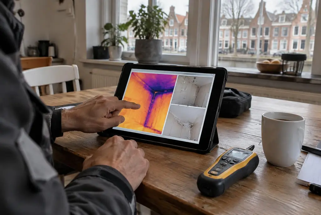 Lekdetectie Geldermalsen – lekdetectierapport met warmtebeelden en foto's op een tablet