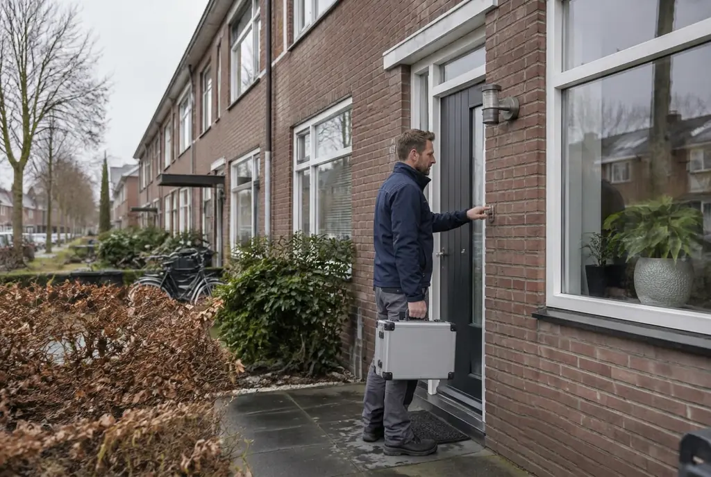 Lekdetectiespecialist met meetkoffer bij de voordeur van een woning in Geldermalsen